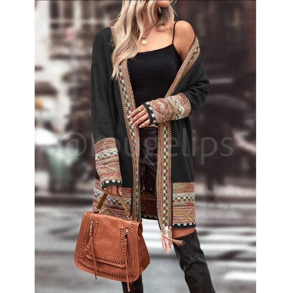 Black Cardigan Aztec Western Bohemian Print Knit Long Sleeve - Picture 4 of 16